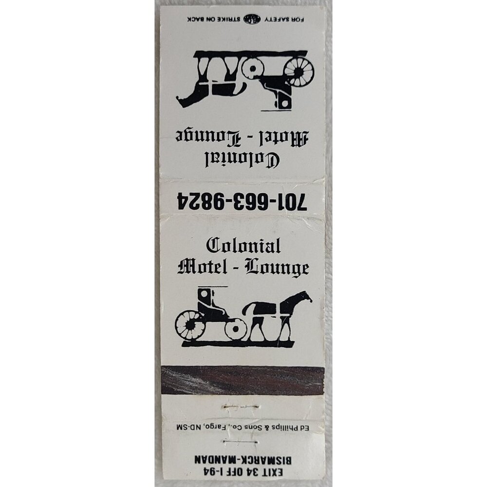 Matchbook Cover Colonial Motel Lounge Bismarck Mandan ND North Dakota - Picture 2 of 4